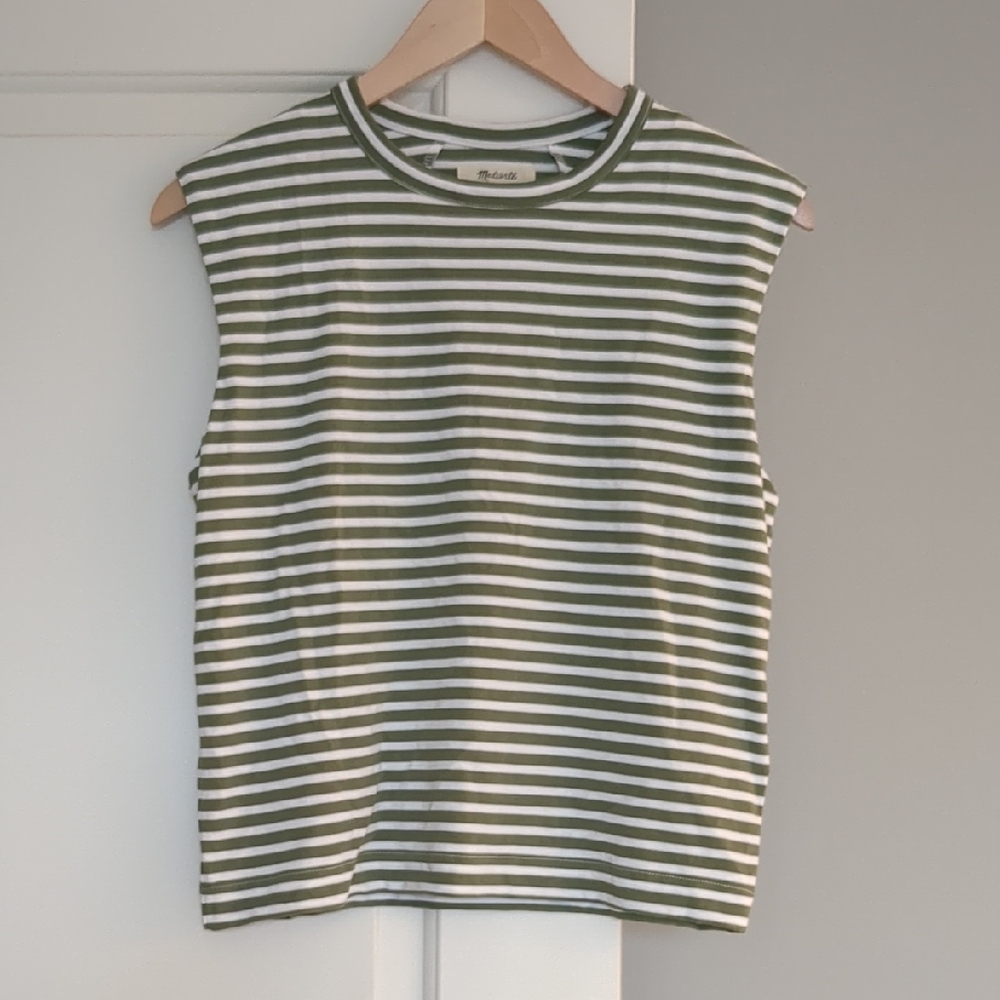 Madewell Green and White Striped Muscle Tee